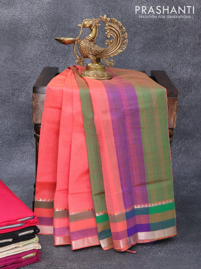 Mangalgiri silk cotton saree red shade with plain body and silver zari woven simple border - {{ collection.title }} by Prashanti Sarees