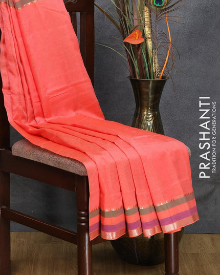 Mangalgiri silk cotton saree red shade with plain body and silver zari woven simple border - {{ collection.title }} by Prashanti Sarees