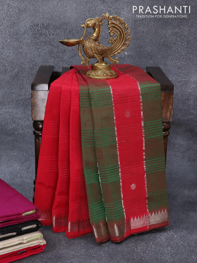 Mangalgiri silk cotton saree reddish pink and dual shade of green with silver zari woven buttas and temple design silver zari woven border - {{ collection.title }} by Prashanti Sarees