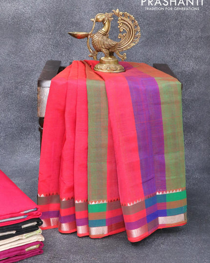 Mangalgiri silk cotton saree reddish pink and multi colour with plain body and silver zari woven simple border - {{ collection.title }} by Prashanti Sarees