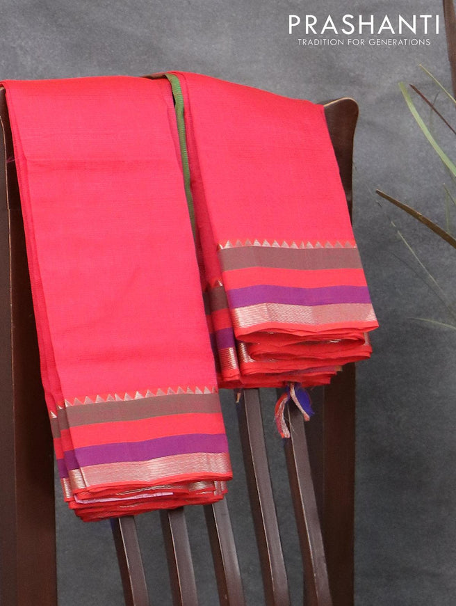 Mangalgiri silk cotton saree reddish pink and multi colour with plain body and silver zari woven simple border - {{ collection.title }} by Prashanti Sarees
