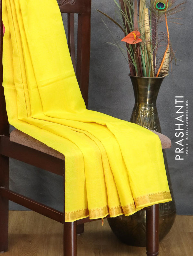 Mangalgiri silk cotton saree yellow and light pink with plain body and temple design zari woven border - {{ collection.title }} by Prashanti Sarees