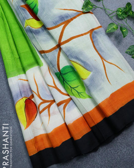 Mulberry partly silk saree light green and off white with plain body and printed border - {{ collection.title }} by Prashanti Sarees