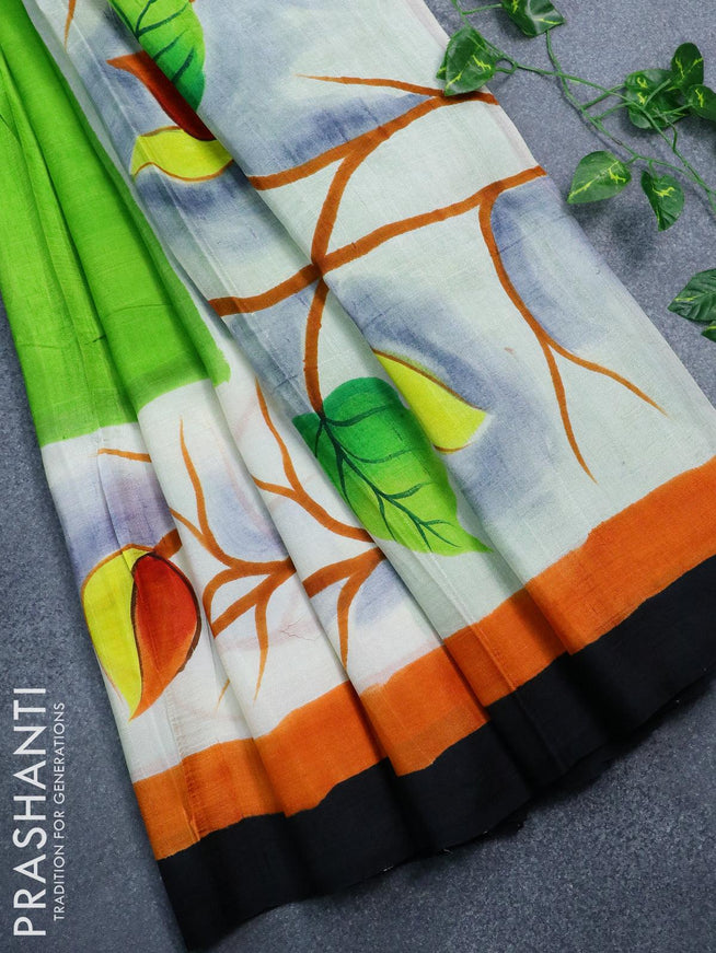 Mulberry partly silk saree light green and off white with plain body and printed border - {{ collection.title }} by Prashanti Sarees