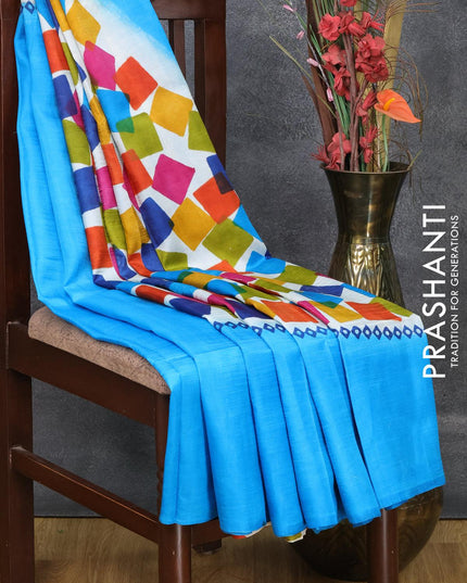 Mulberry silk saree cs blue with hand painted prints in borderless style - {{ collection.title }} by Prashanti Sarees