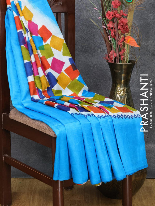 Mulberry silk saree cs blue with hand painted prints in borderless style - {{ collection.title }} by Prashanti Sarees