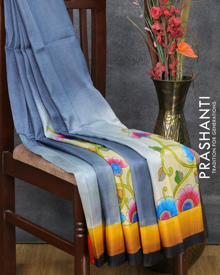 Mulberry silk saree dark grey and mustard yellow with hand painted prints and simple border - {{ collection.title }} by Prashanti Sarees