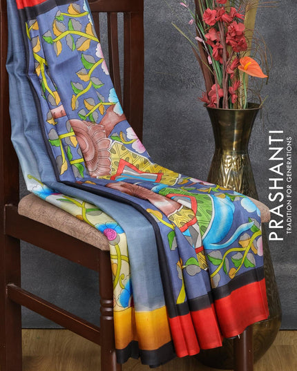 Mulberry silk saree dark grey and mustard yellow with hand painted prints and simple border - {{ collection.title }} by Prashanti Sarees