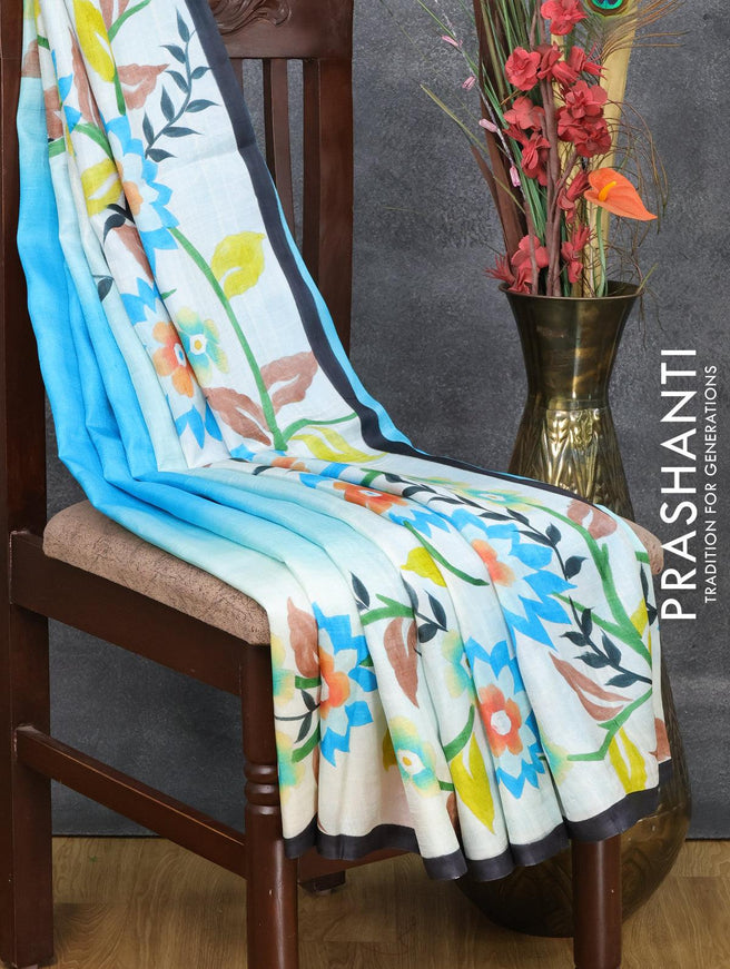 Mulberry silk saree light blue and off white with plain body and printed border - {{ collection.title }} by Prashanti Sarees
