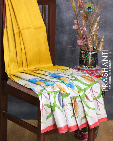 Mulberry silk saree mustard yellow and pastel blue with plain body and printed border - {{ collection.title }} by Prashanti Sarees