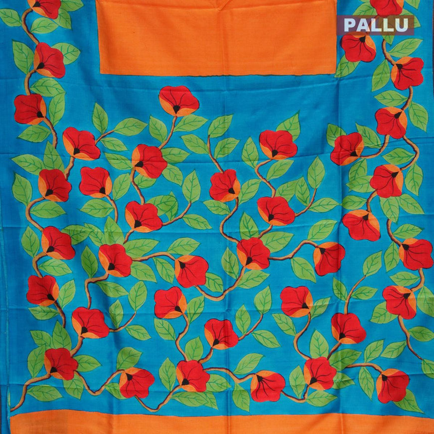 Mulberry silk saree orange and blue with hand painted prints - {{ collection.title }} by Prashanti Sarees