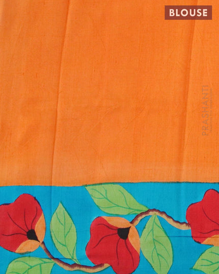 Mulberry silk saree orange and blue with hand painted prints - {{ collection.title }} by Prashanti Sarees