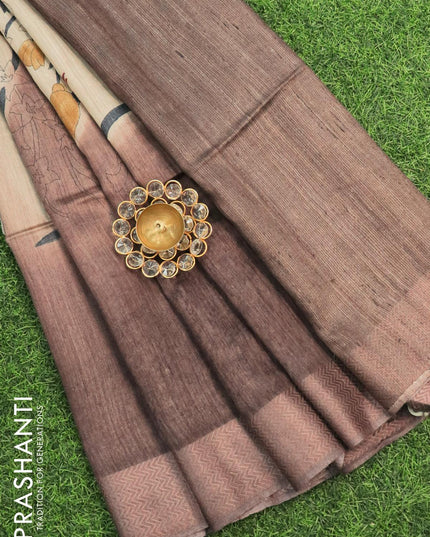 Munga silk saree beige and wine shade with allover prints and woven border - {{ collection.title }} by Prashanti Sarees