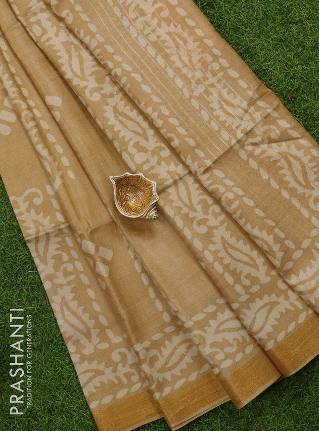 Munga silk saree beige with batik prints and zari woven border - {{ collection.title }} by Prashanti Sarees
