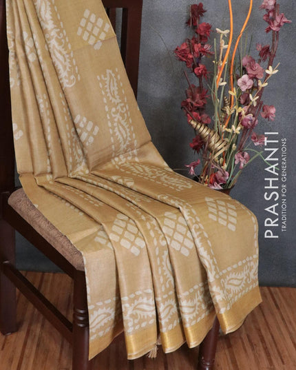 Munga silk saree beige with batik prints and zari woven border - {{ collection.title }} by Prashanti Sarees