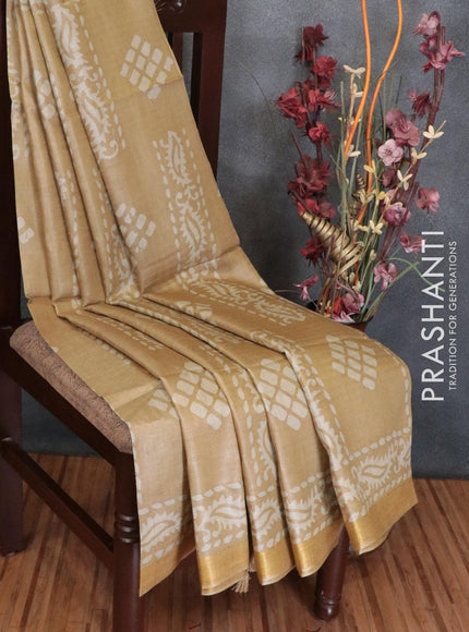 Munga silk saree beige with batik prints and zari woven border - {{ collection.title }} by Prashanti Sarees