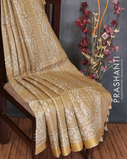 Munga silk saree beige with batik prints and zari woven border - {{ collection.title }} by Prashanti Sarees