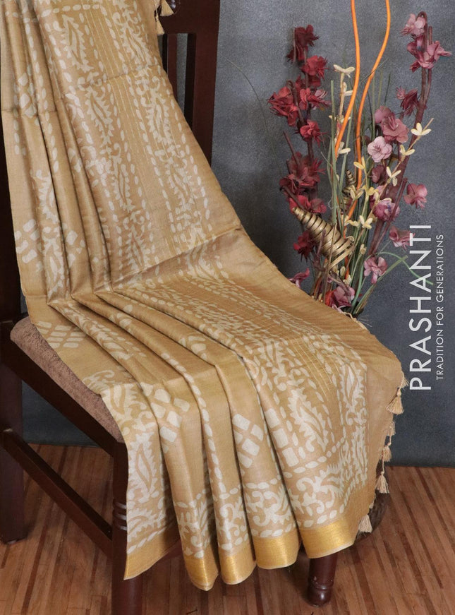 Munga silk saree beige with batik prints and zari woven border - {{ collection.title }} by Prashanti Sarees
