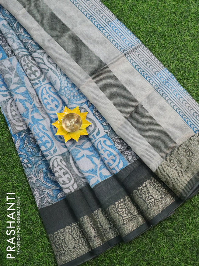 Munga silk saree blue and black with allover prints and woven border - {{ collection.title }} by Prashanti Sarees