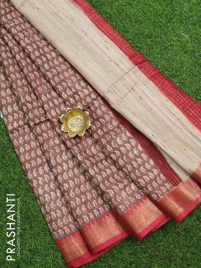 Munga silk saree brown and maroon with allover leaf prints and zari woven border - {{ collection.title }} by Prashanti Sarees