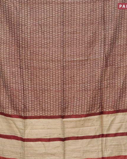 Munga silk saree brown and maroon with allover leaf prints and zari woven border - {{ collection.title }} by Prashanti Sarees