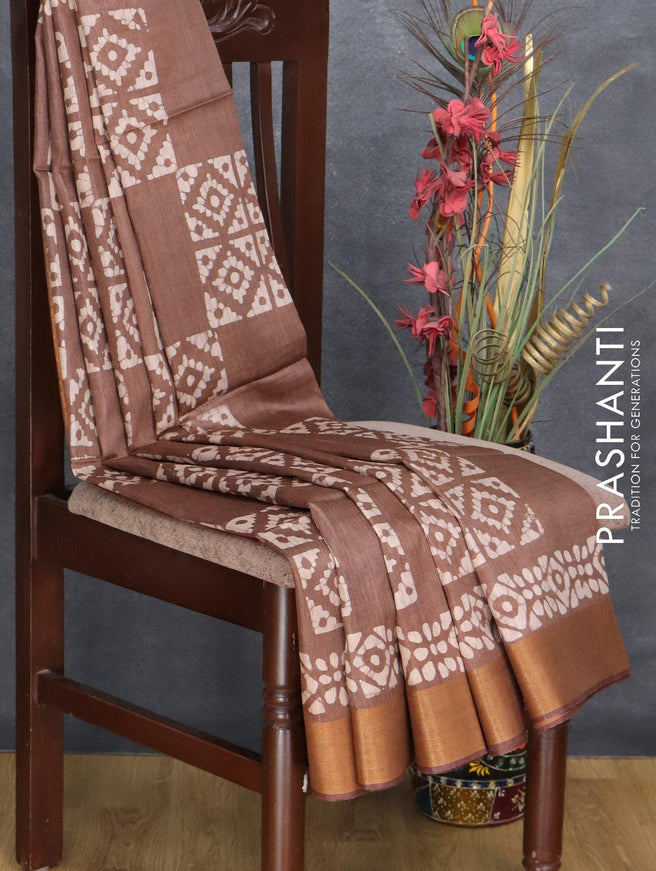 Munga silk saree brown with allover batik prints and zari woven border - {{ collection.title }} by Prashanti Sarees