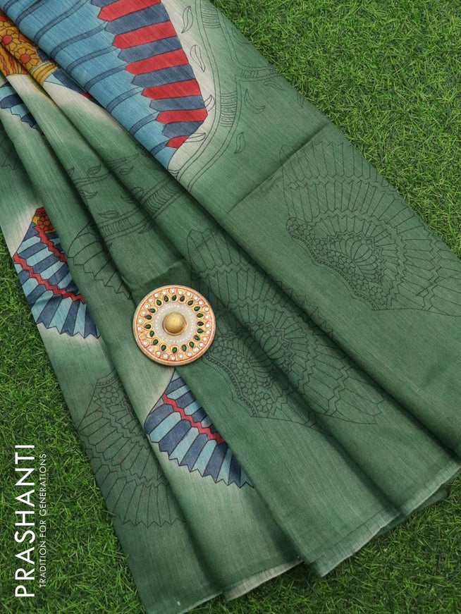 Munga silk saree green shade with allover prints in borderless style - {{ collection.title }} by Prashanti Sarees