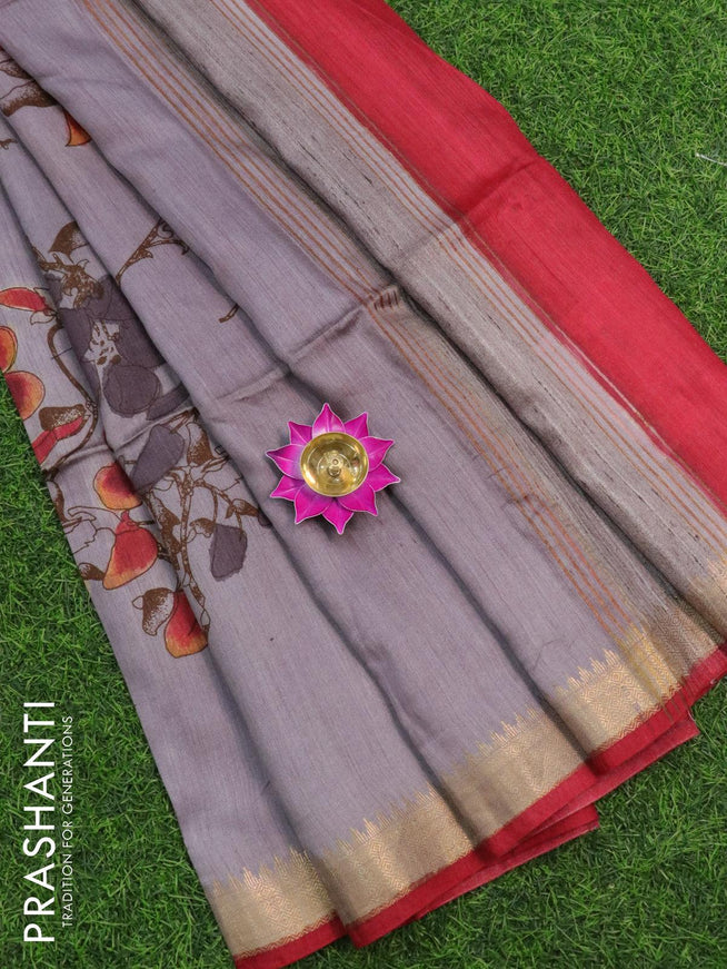 Munga silk saree grey and red with allover prints and zari woven border - {{ collection.title }} by Prashanti Sarees