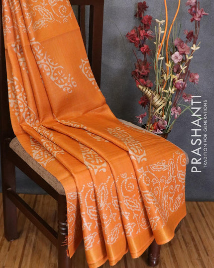 Munga silk saree orange with batik prints and zari woven border - {{ collection.title }} by Prashanti Sarees