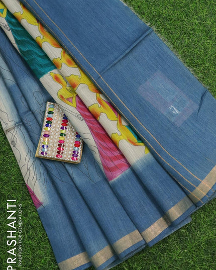Munga silk saree peacock blue and beige with allover prints and small zari woven border - {{ collection.title }} by Prashanti Sarees