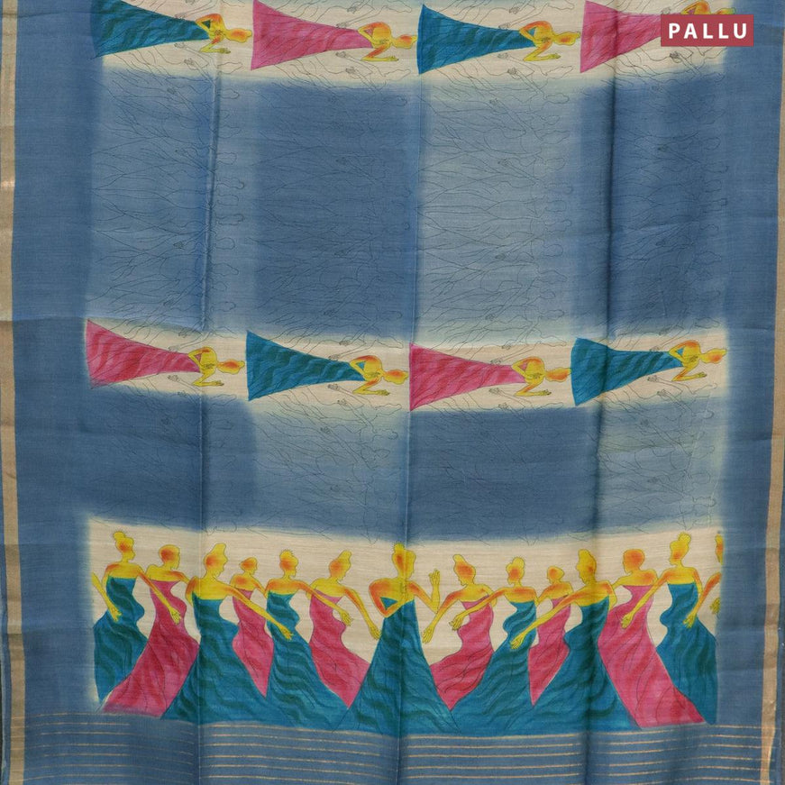 Munga silk saree peacock blue and beige with allover prints and small zari woven border - {{ collection.title }} by Prashanti Sarees