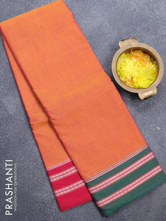 Narayanpet cotton saree dual shade of yellow and green with plain body and thread woven border - {{ collection.title }} by Prashanti Sarees