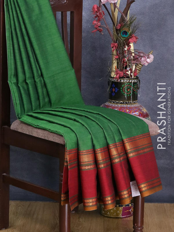Narayanpet cotton saree green and maroon with plain body and rettapet zari woven border - {{ collection.title }} by Prashanti Sarees