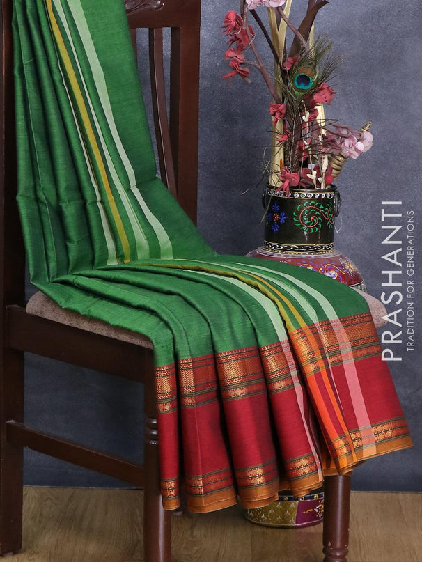 Narayanpet cotton saree green and maroon with plain body and rettapet zari woven border - {{ collection.title }} by Prashanti Sarees