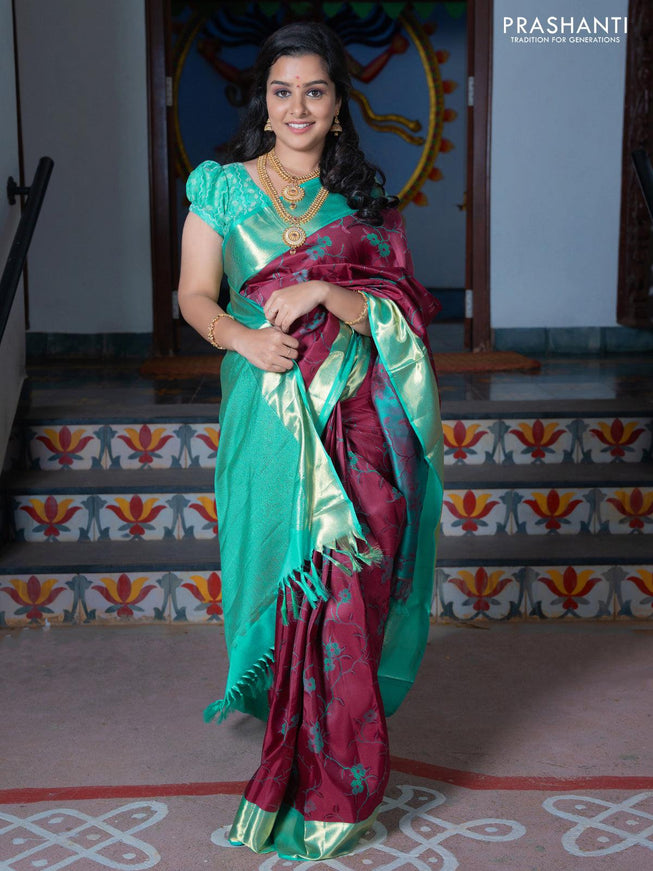 Ni - Pure kanjivaram silk saree maroon and teal blue with allover floral design self emboss pattern and rich rudhraksha zari woven border - {{ collection.title }} by Prashanti Sarees