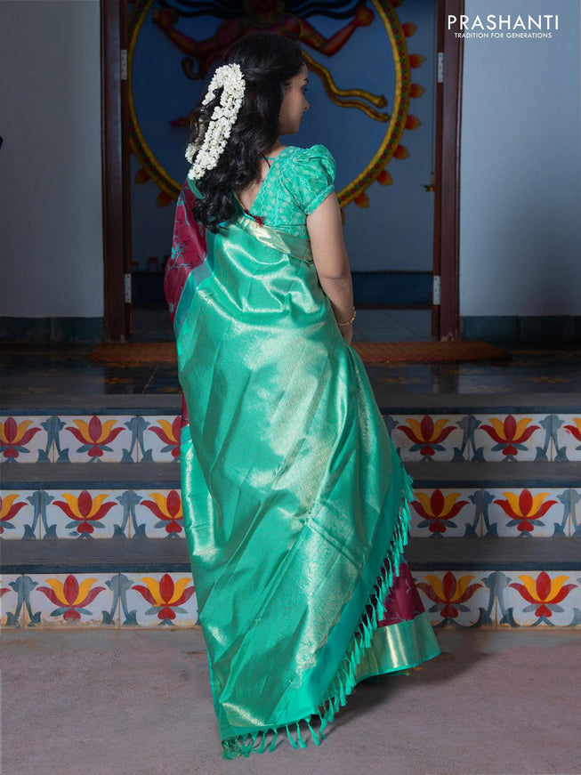 Ni - Pure kanjivaram silk saree maroon and teal blue with allover floral design self emboss pattern and rich rudhraksha zari woven border - {{ collection.title }} by Prashanti Sarees