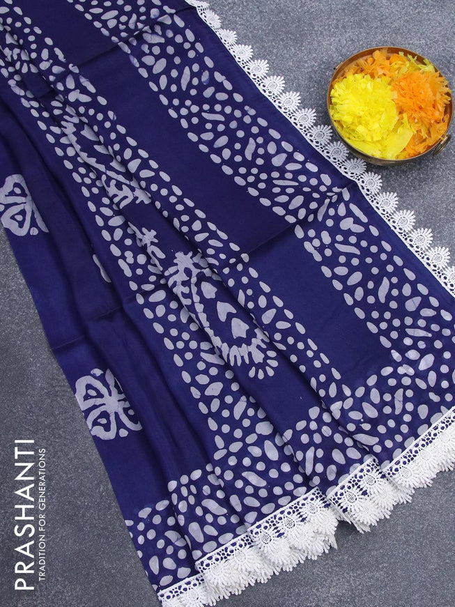 Organza saree blue with allover batik prints and crocia lace work border - {{ collection.title }} by Prashanti Sarees