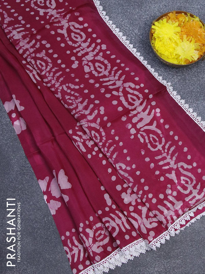 Organza saree dark magenta pink with allover batik prints and crocia lace work border - {{ collection.title }} by Prashanti Sarees