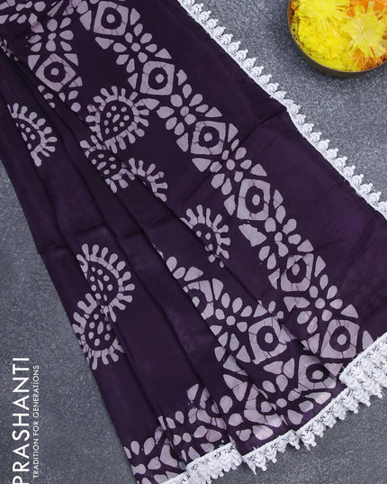 Organza saree deep jamun shade with allover batik butta prints and crocia lace work border - {{ collection.title }} by Prashanti Sarees
