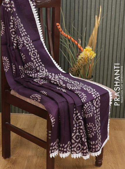 Organza saree deep jamun shade with allover batik butta prints and crocia lace work border - {{ collection.title }} by Prashanti Sarees