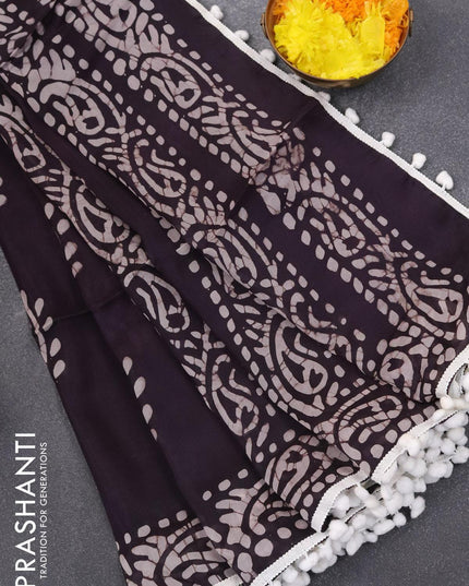 Organza saree deep jamun shade with allover batik prints and bom lace work border - {{ collection.title }} by Prashanti Sarees