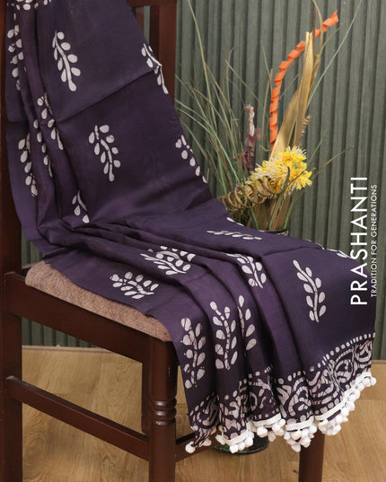 Organza saree deep jamun shade with allover batik prints and bom lace work border - {{ collection.title }} by Prashanti Sarees