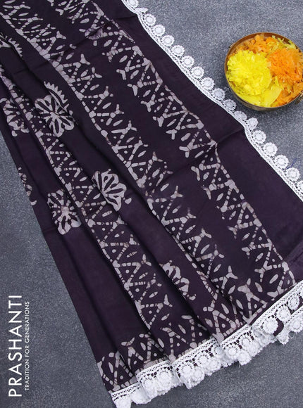 Organza saree deep jamun shade with allover batik prints and crocia lace work border - {{ collection.title }} by Prashanti Sarees