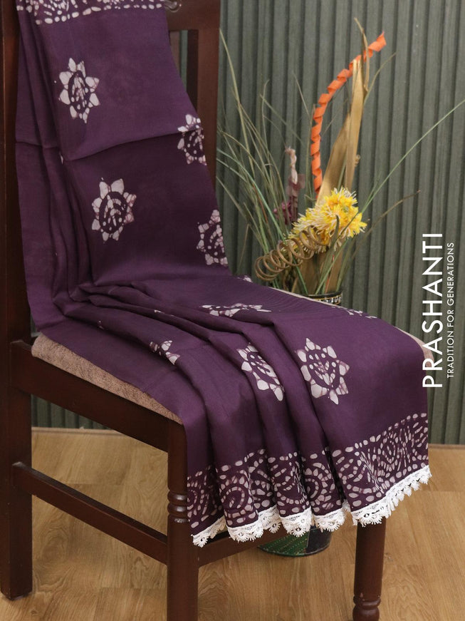 Organza saree deep jamun shade with allover batik prints and crocia lace work border - {{ collection.title }} by Prashanti Sarees