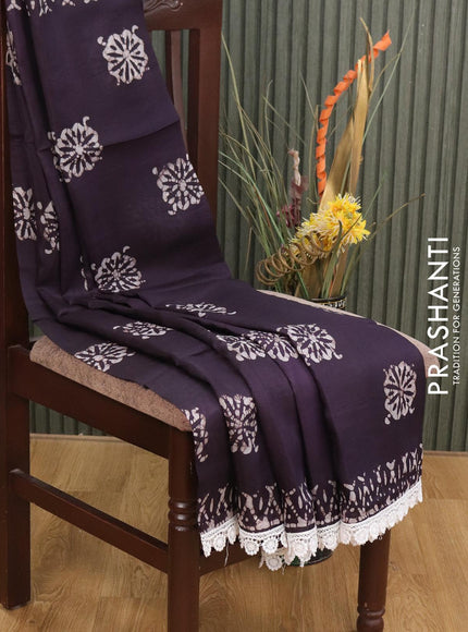 Organza saree deep jamun shade with allover batik prints and crocia lace work border - {{ collection.title }} by Prashanti Sarees