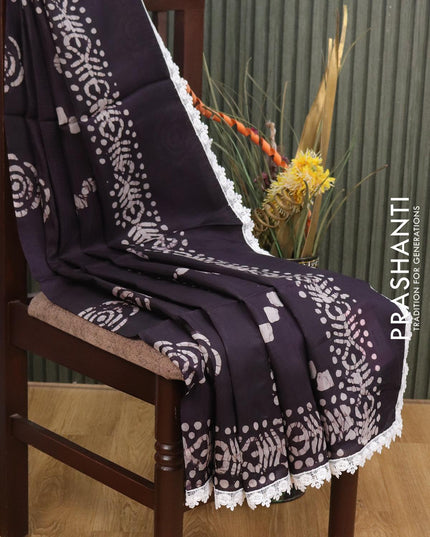 Organza saree deep jamun shade with allover batik prints and crocia lace work border - {{ collection.title }} by Prashanti Sarees