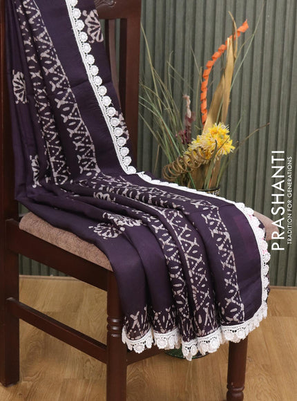 Organza saree deep jamun shade with allover batik prints and crocia lace work border - {{ collection.title }} by Prashanti Sarees