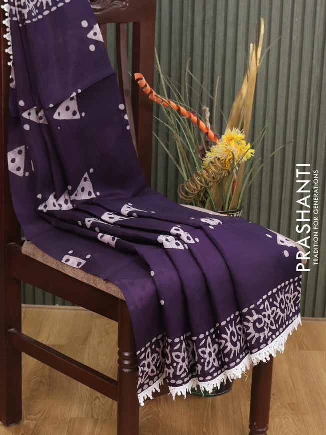 Organza saree deep violet with allover batik prints and crocia lace work border - {{ collection.title }} by Prashanti Sarees