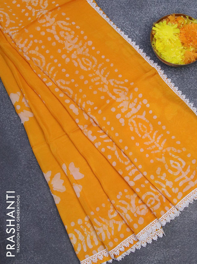 Organza saree mango yellow with allover batik prints and crocia lace work border - {{ collection.title }} by Prashanti Sarees