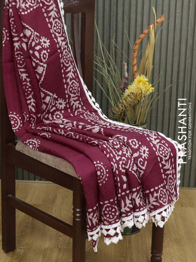 Organza saree maroon with allover batik prints and crocia lace work border - {{ collection.title }} by Prashanti Sarees